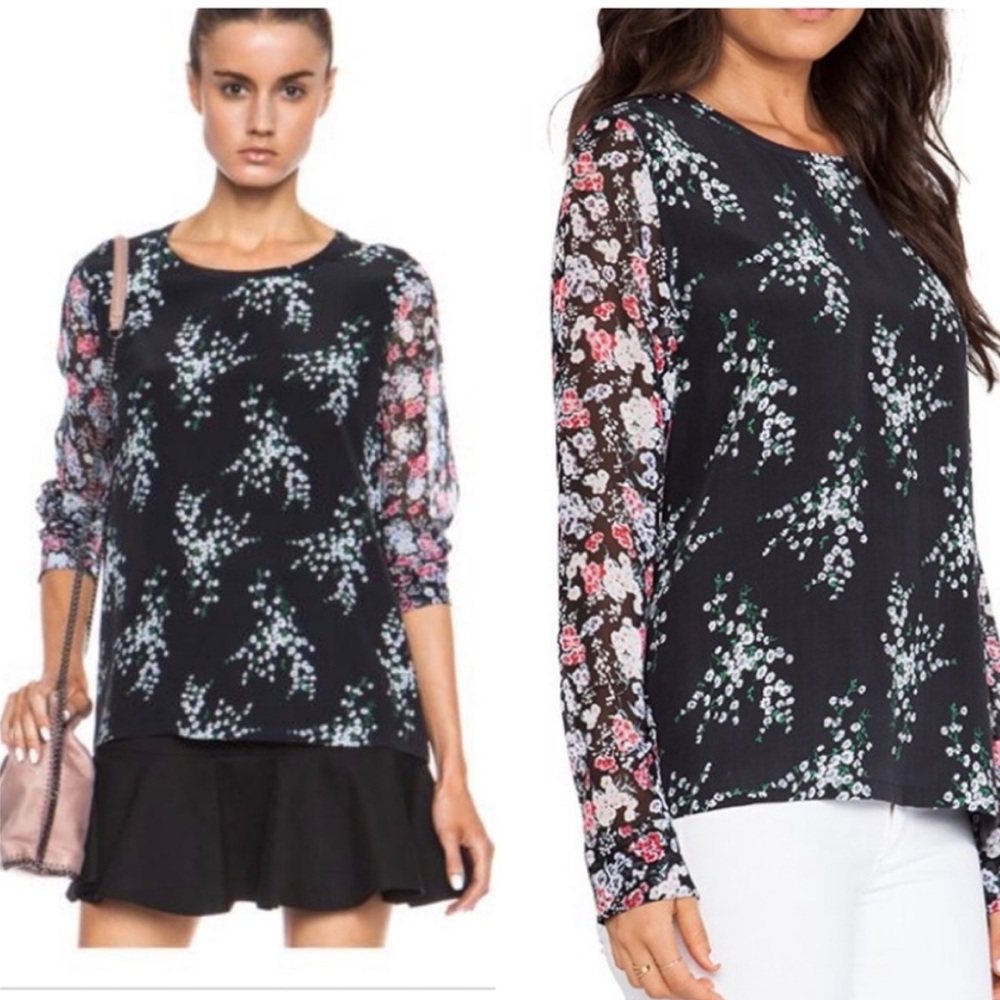 Equipment Liam Silk Black Elevated Bloom Floral Sheer Sleeve Blouse Size M